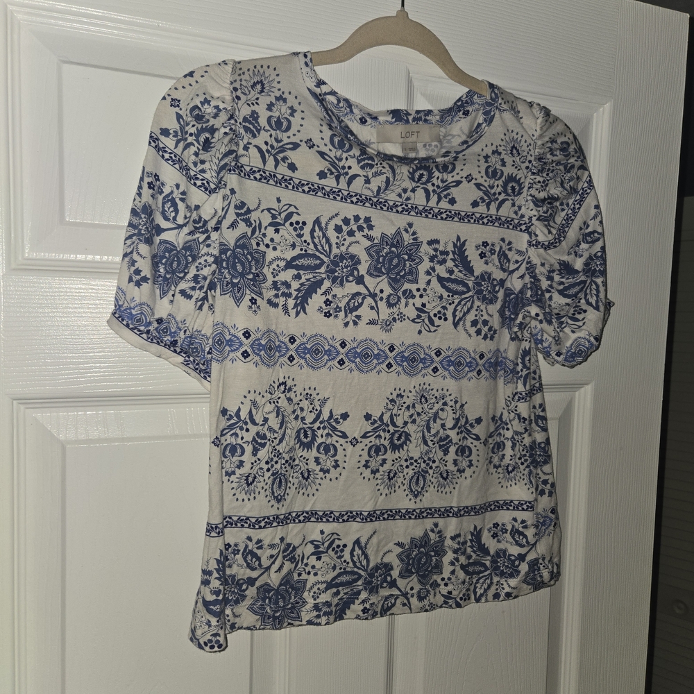LOFT Blue and White Patterned Blouse